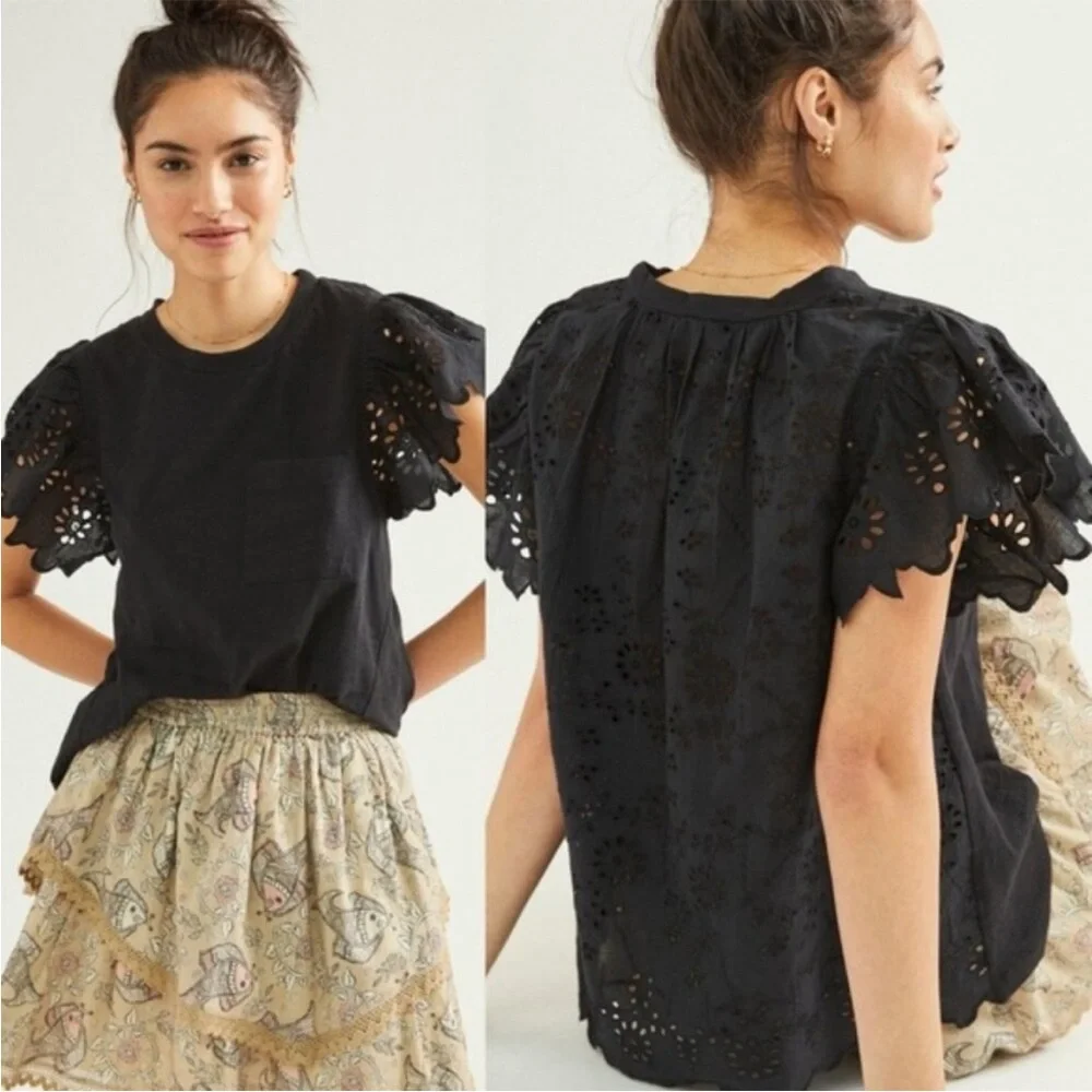 Anthropologie Seen Worn Kept Flutter Eyelet Black Top - Picture 1 of 15